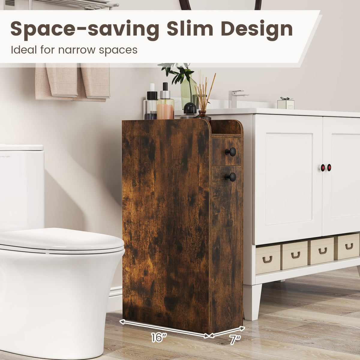 Narrow 4-Tier Bathroom Storage Cabinet with Casters - Brown-Floor Cabinets-DECOROLALA