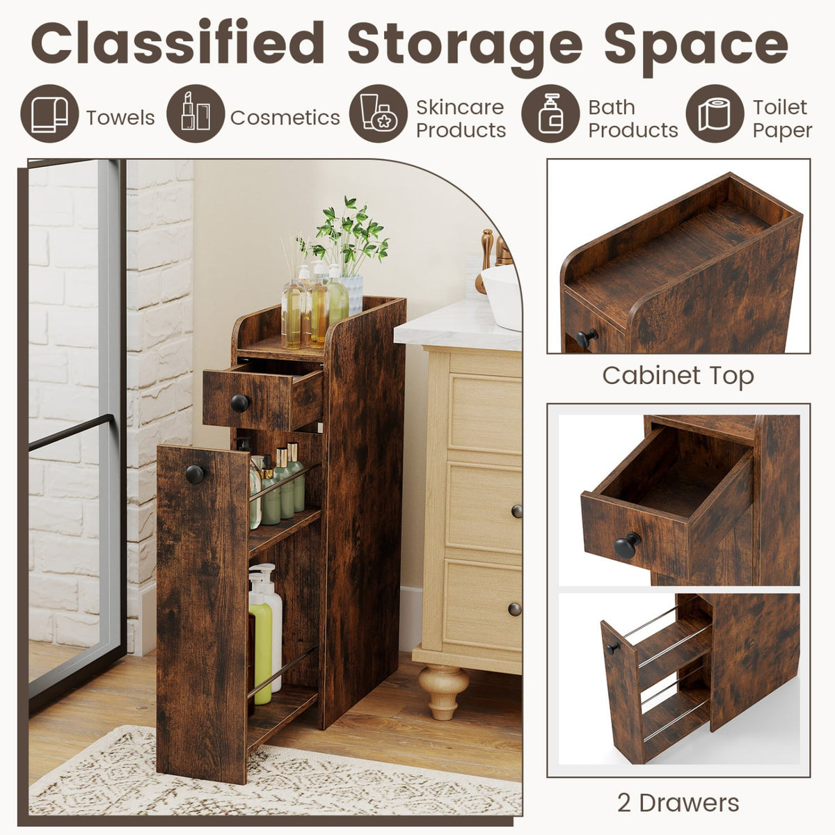 Narrow 4-Tier Bathroom Storage Cabinet with Casters - Brown-Floor Cabinets-DECOROLALA