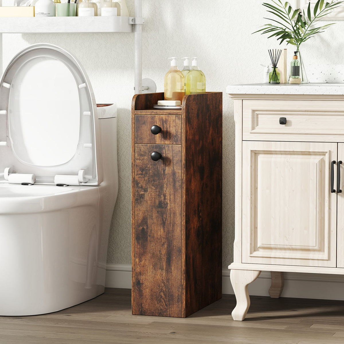 Narrow 4-Tier Bathroom Storage Cabinet with Casters - Brown-Floor Cabinets-DECOROLALA
