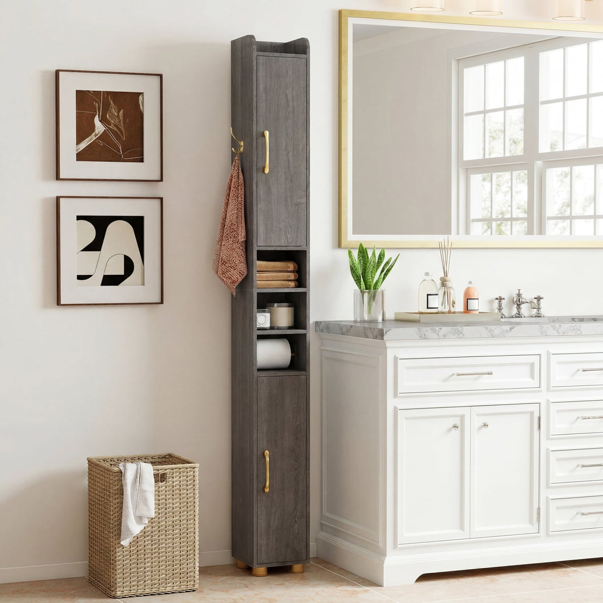 Narrow Bathroom Cabinet - Gray 69.5" Tall Slim Storage Tower-Floor Cabinets-DECOROLALA