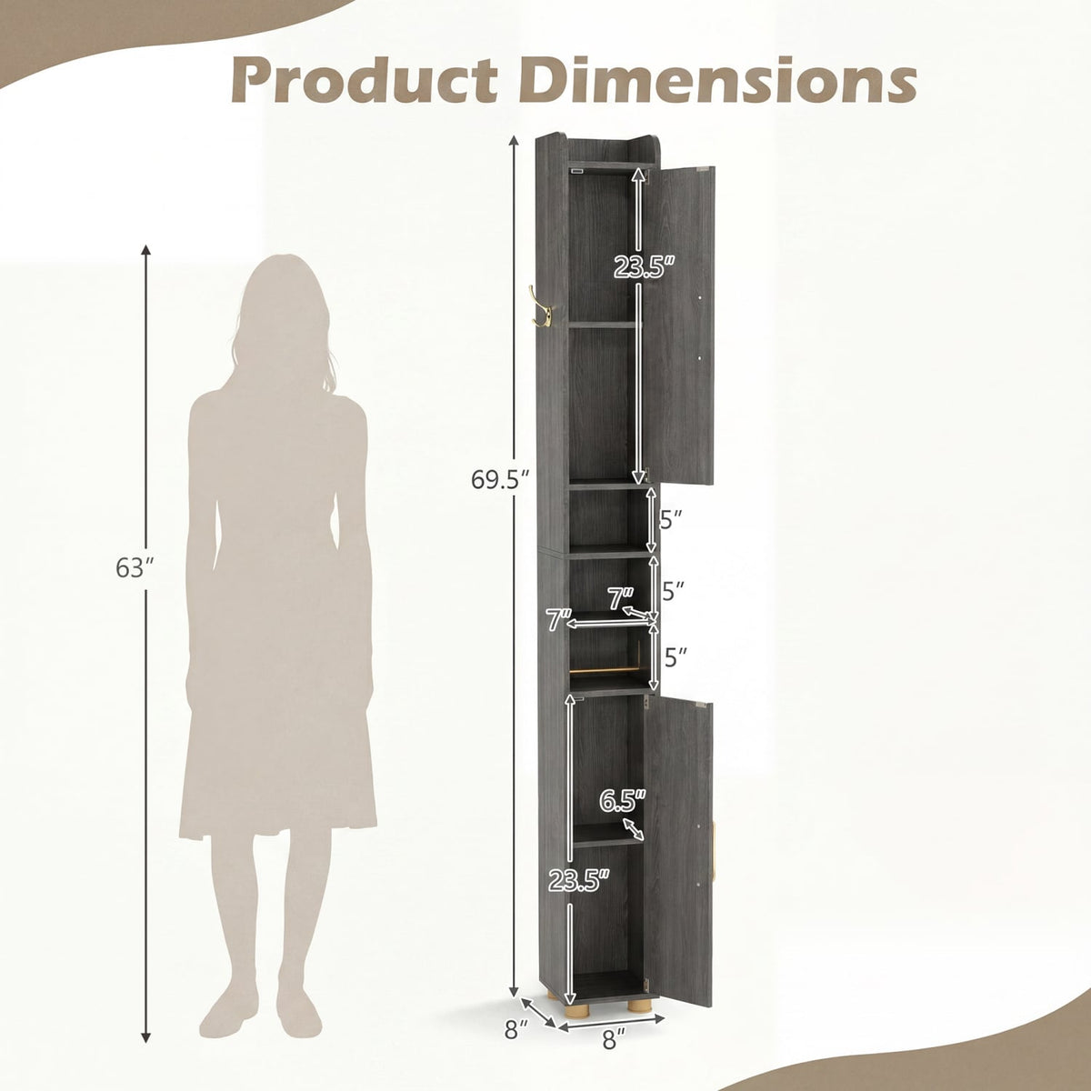 Narrow Bathroom Cabinet - Gray 69.5" Tall Slim Storage Tower-Floor Cabinets-DECOROLALA