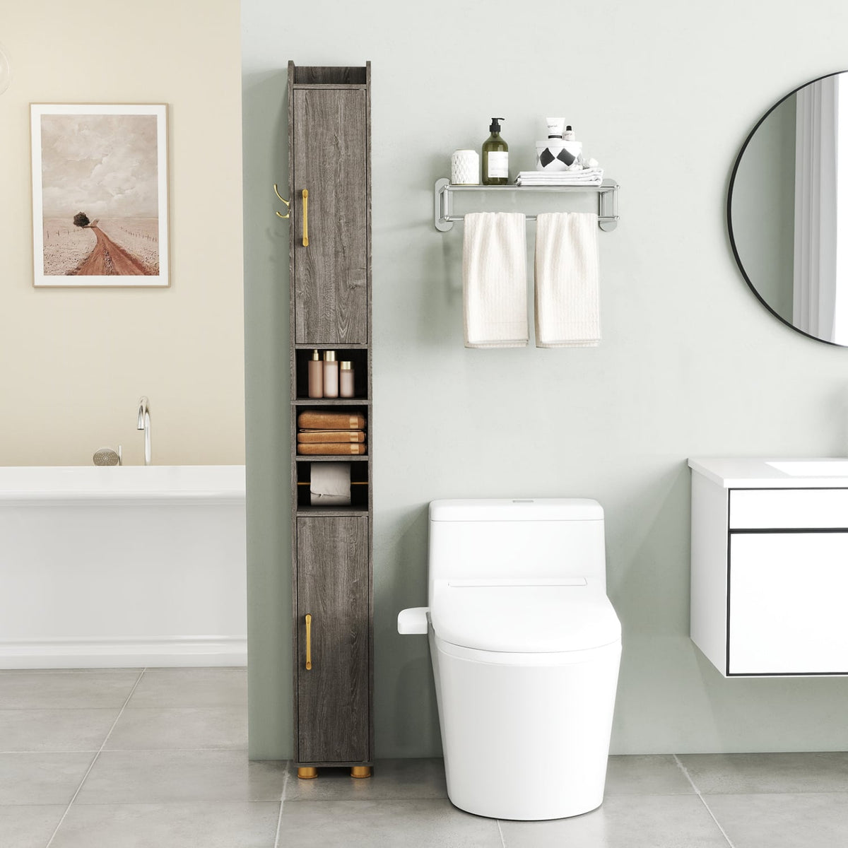 Narrow Bathroom Cabinet - Gray 69.5" Tall Slim Storage Tower-Floor Cabinets-DECOROLALA