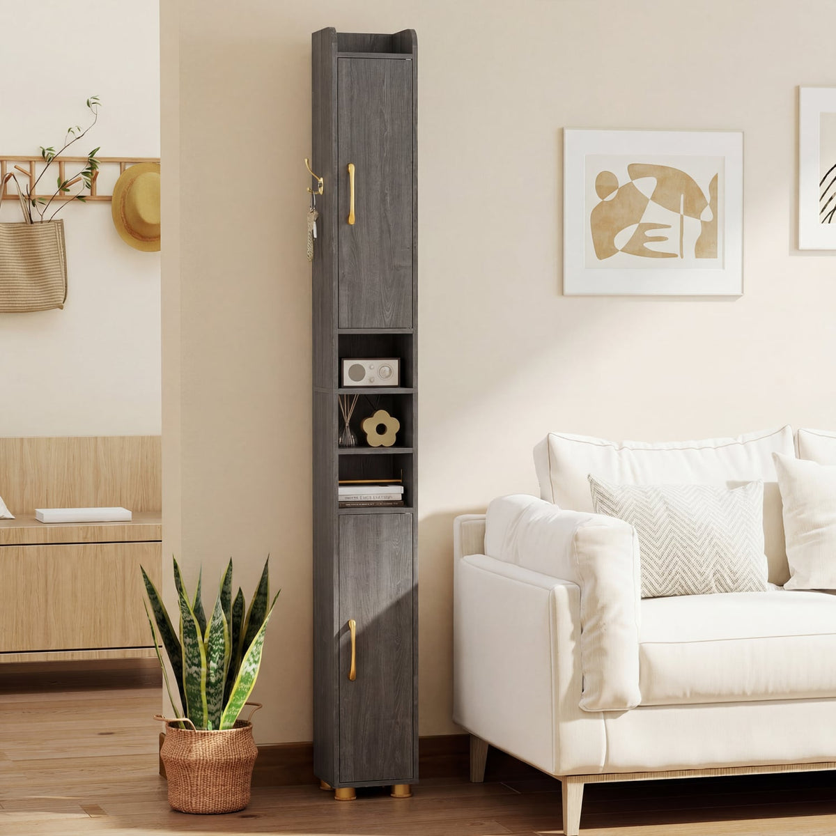 Narrow Bathroom Cabinet - Gray 69.5" Tall Slim Storage Tower-Floor Cabinets-DECOROLALA