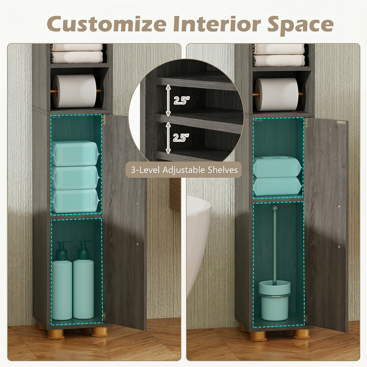 Narrow Bathroom Cabinet - Gray 69.5" Tall Slim Storage Tower-Floor Cabinets-DECOROLALA
