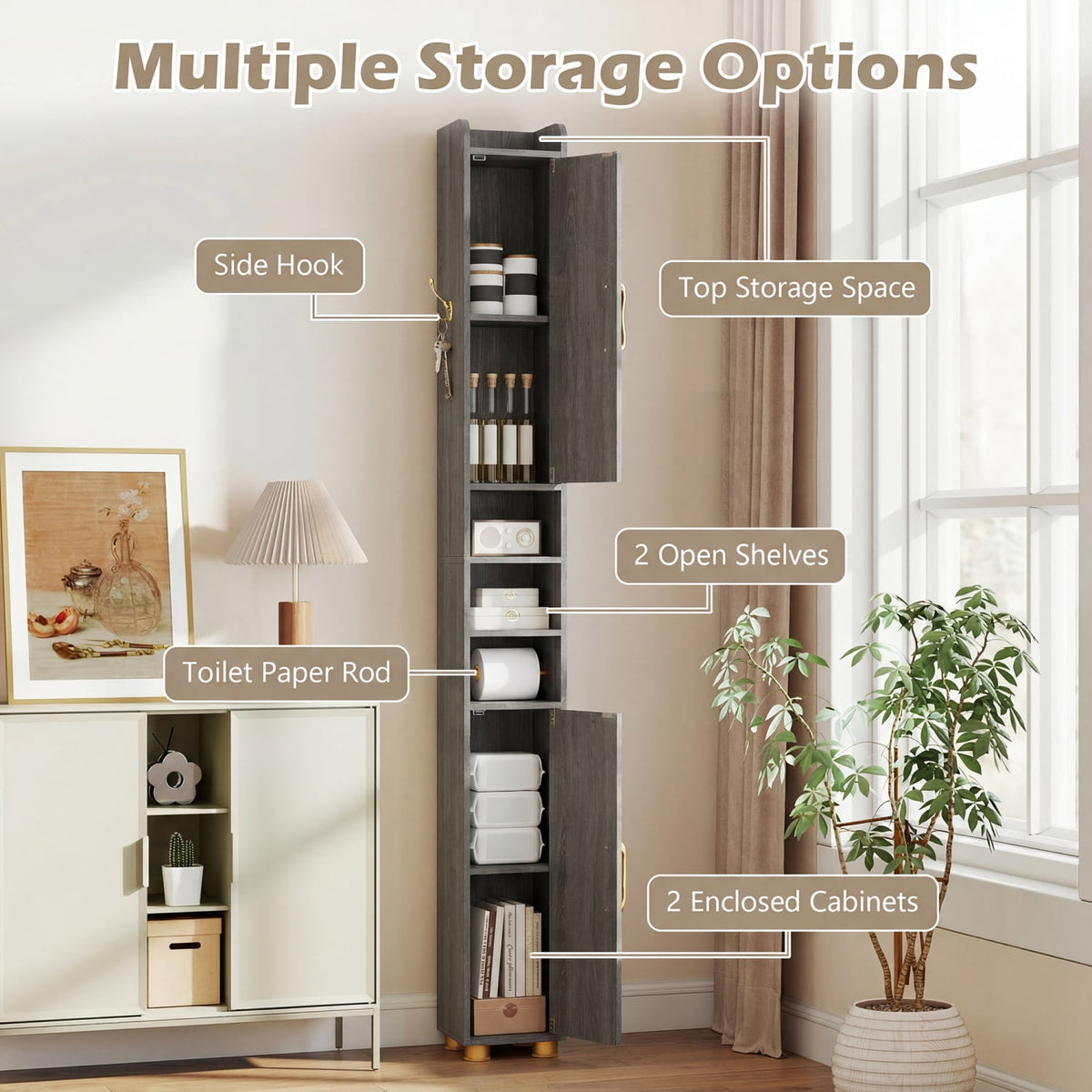 Narrow Bathroom Cabinet - Gray 69.5" Tall Slim Storage Tower-Floor Cabinets-DECOROLALA