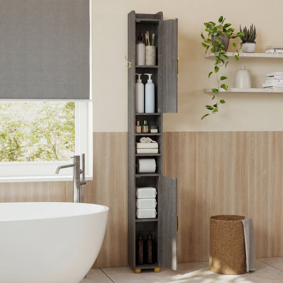 Narrow Bathroom Cabinet - Gray 69.5" Tall Slim Storage Tower-Floor Cabinets-DECOROLALA