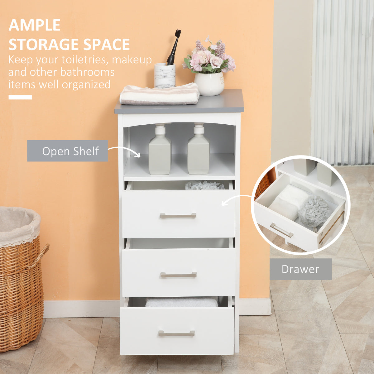 Narrow Bathroom Floor Cabinet - 3 Drawers White MDF-Home Furnishings > Bedding & Bath > Bathroom Cabinets > Freestanding Bathroom Cabinets-DECOROLALA