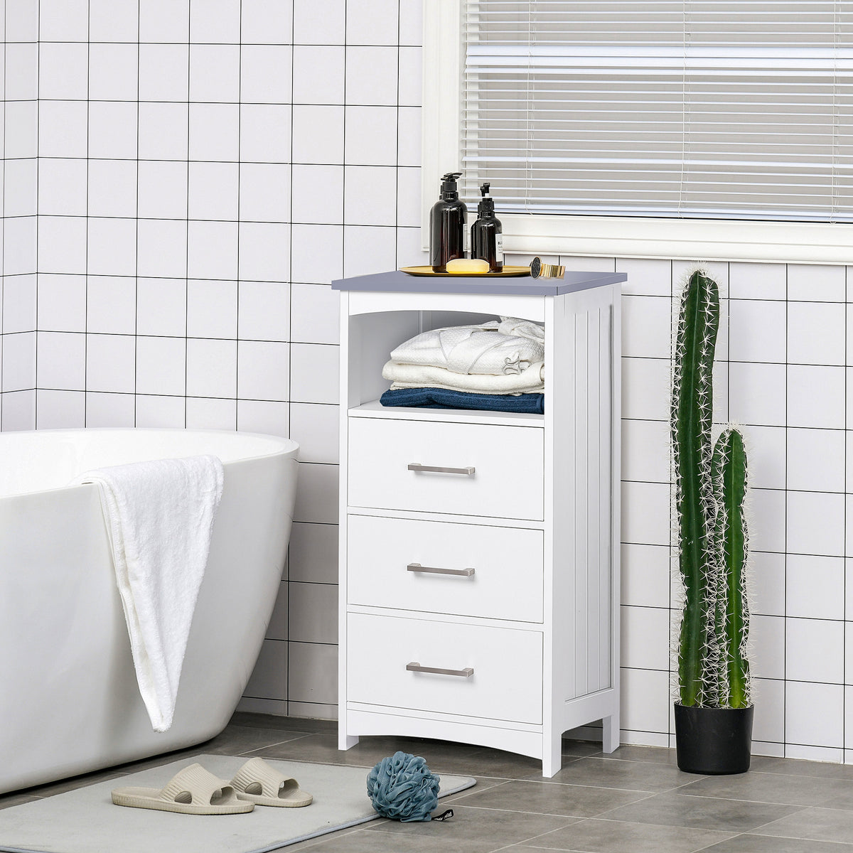 Narrow Bathroom Floor Cabinet - 3 Drawers White MDF-Home Furnishings > Bedding & Bath > Bathroom Cabinets > Freestanding Bathroom Cabinets-DECOROLALA