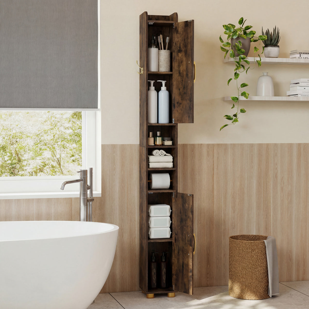 Narrow Bathroom Storage Cabinet 69.5" Tall - Rustic Brown-Bathroom Floor Cabinets-DECOROLALA