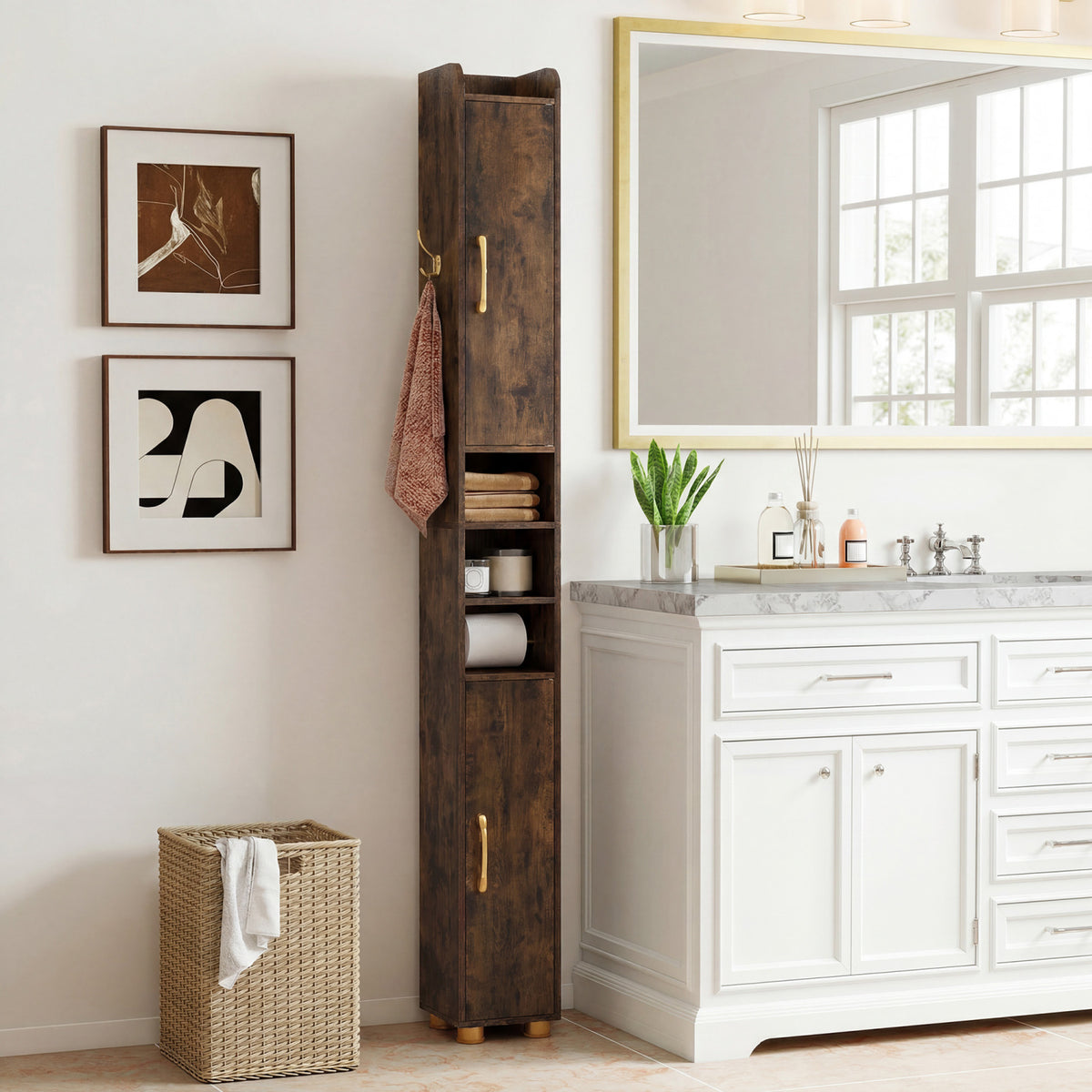 Narrow Bathroom Storage Cabinet 69.5" Tall - Rustic Brown-Floor Cabinets-DECOROLALA