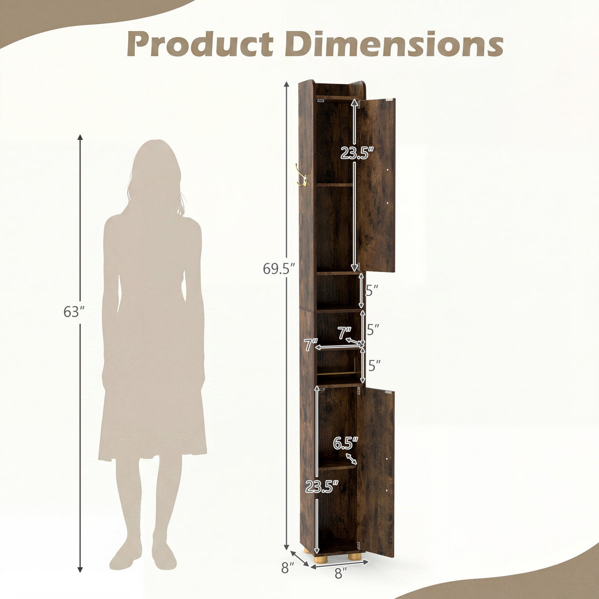 Narrow Bathroom Storage Cabinet 69.5" Tall - Rustic Brown-Floor Cabinets-DECOROLALA