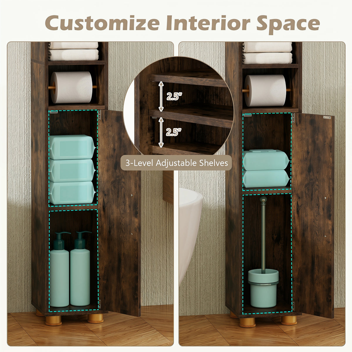 Narrow Bathroom Storage Cabinet 69.5" Tall - Rustic Brown-Floor Cabinets-DECOROLALA