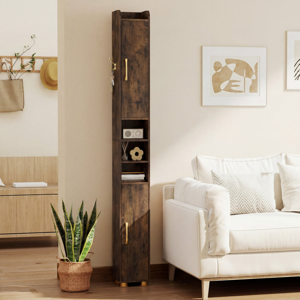 Narrow Bathroom Storage Cabinet 69.5" Tall - Rustic Brown-Floor Cabinets-DECOROLALA