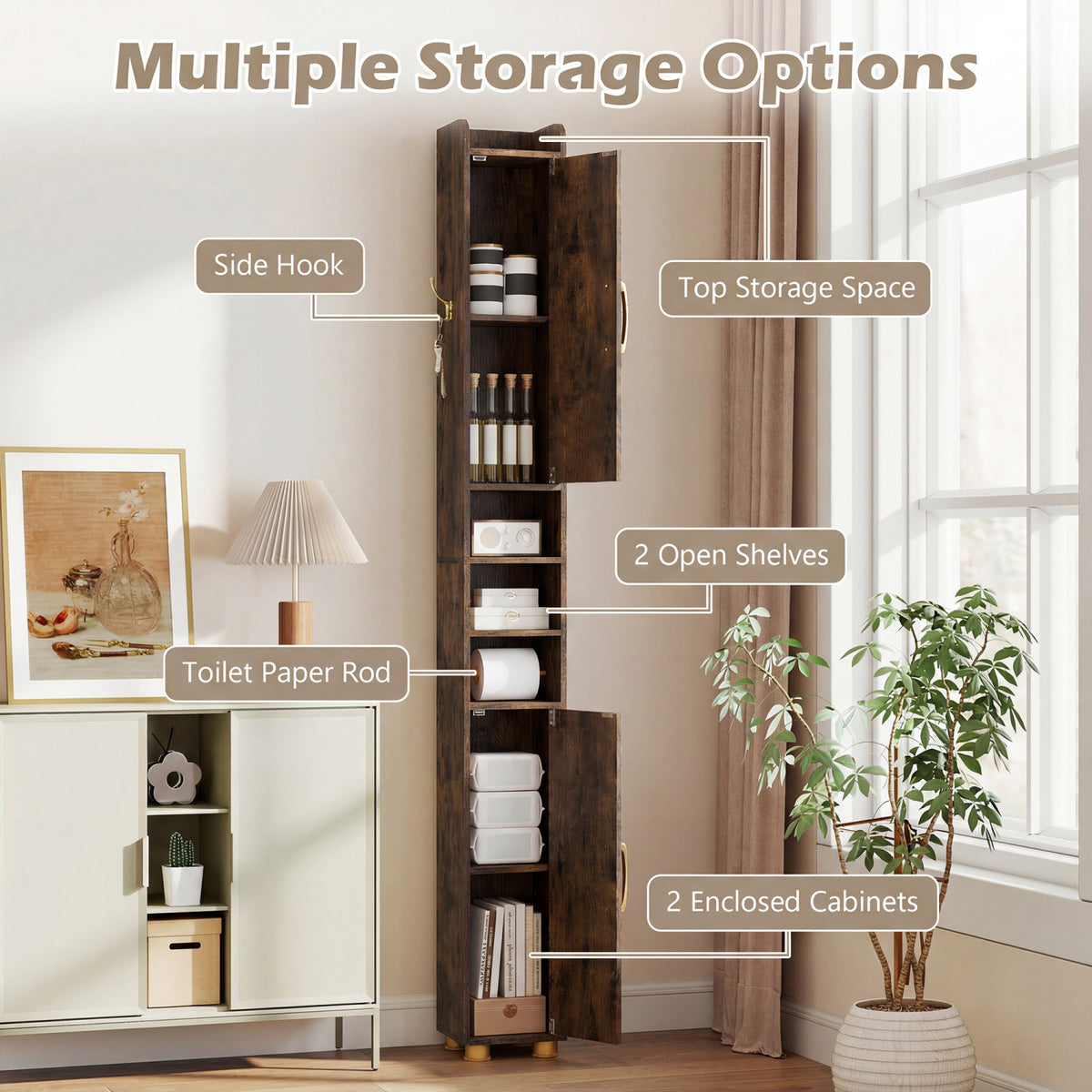 Narrow Bathroom Storage Cabinet 69.5" Tall - Rustic Brown-Floor Cabinets-DECOROLALA