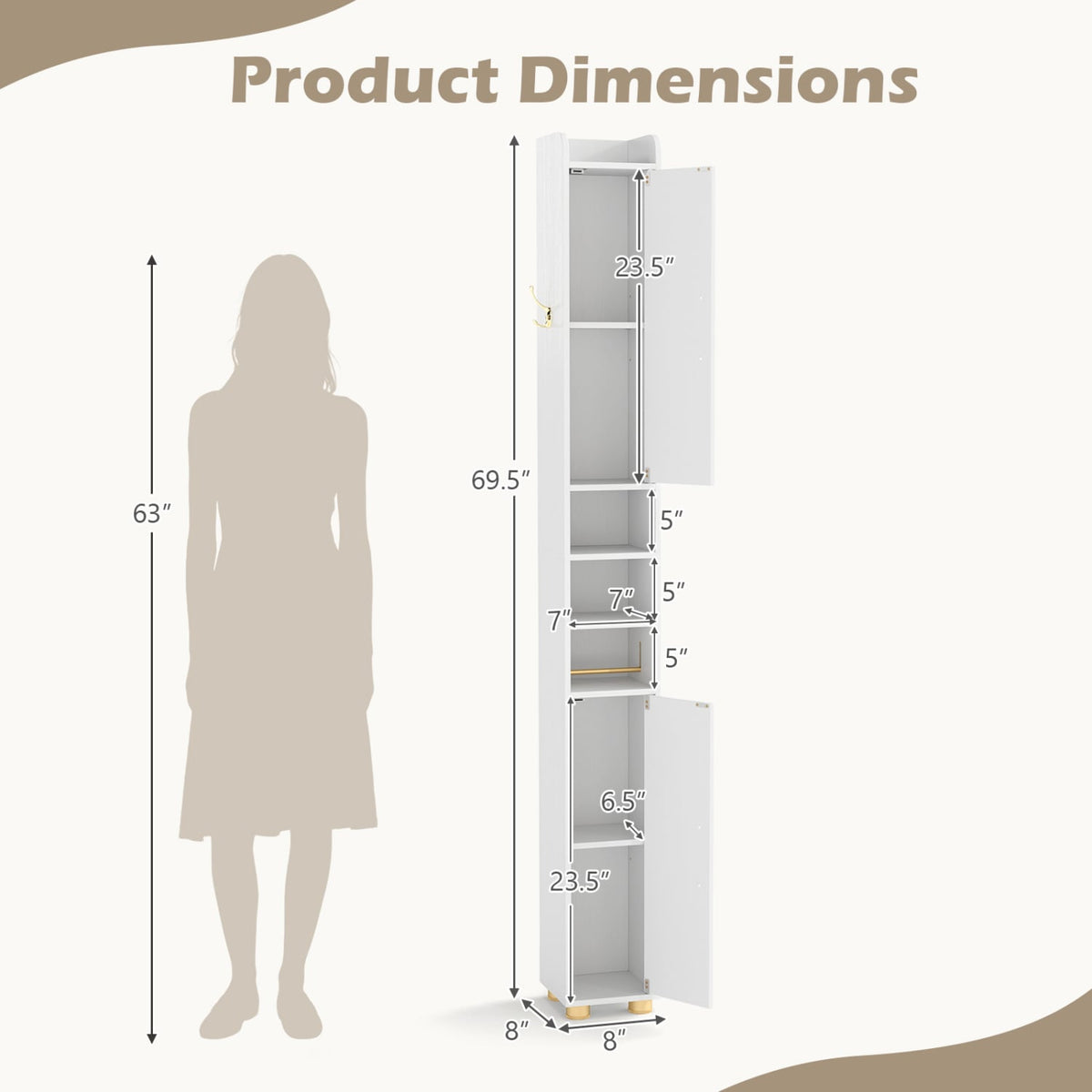 Narrow Bathroom Storage Cabinet - 69.5" Tall Slim White Cabinet-Floor Cabinets-DECOROLALA