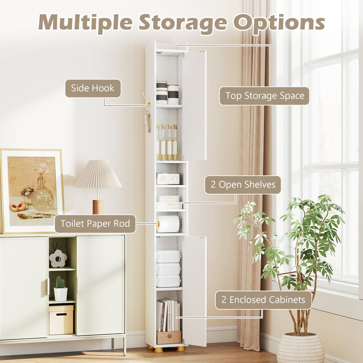 Narrow Bathroom Storage Cabinet - 69.5" Tall Slim White Cabinet-Floor Cabinets-DECOROLALA