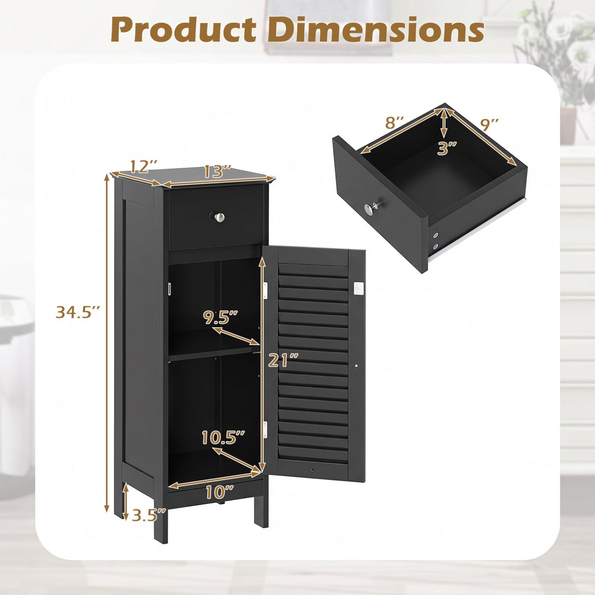 Narrow Bathroom Storage Cabinet - Black 34.5" Slim Floor Unit-Floor Cabinets-DECOROLALA
