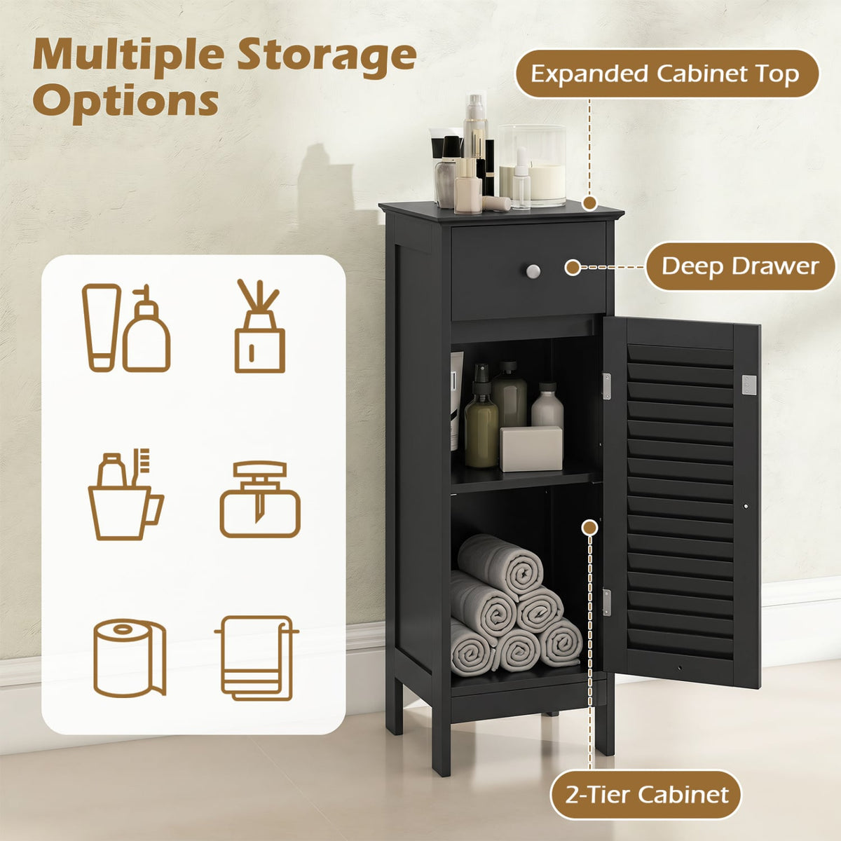 Narrow Bathroom Storage Cabinet - Black 34.5" Slim Floor Unit-Floor Cabinets-DECOROLALA