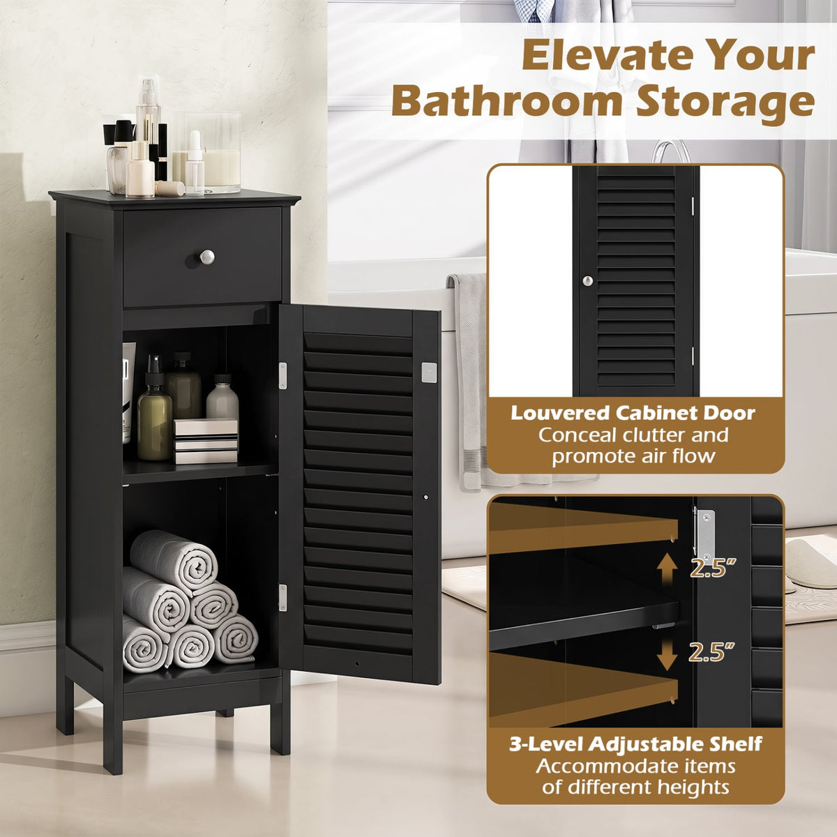 Narrow Bathroom Storage Cabinet - Black 34.5" Slim Floor Unit-Floor Cabinets-DECOROLALA