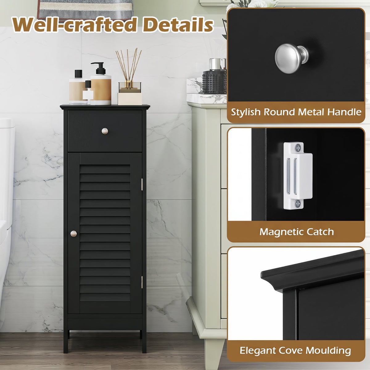 Narrow Bathroom Storage Cabinet - Black 34.5" Slim Floor Unit-Floor Cabinets-DECOROLALA