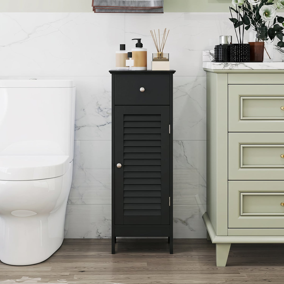 Narrow Bathroom Storage Cabinet - Black 34.5" Slim Floor Unit-Floor Cabinets-DECOROLALA