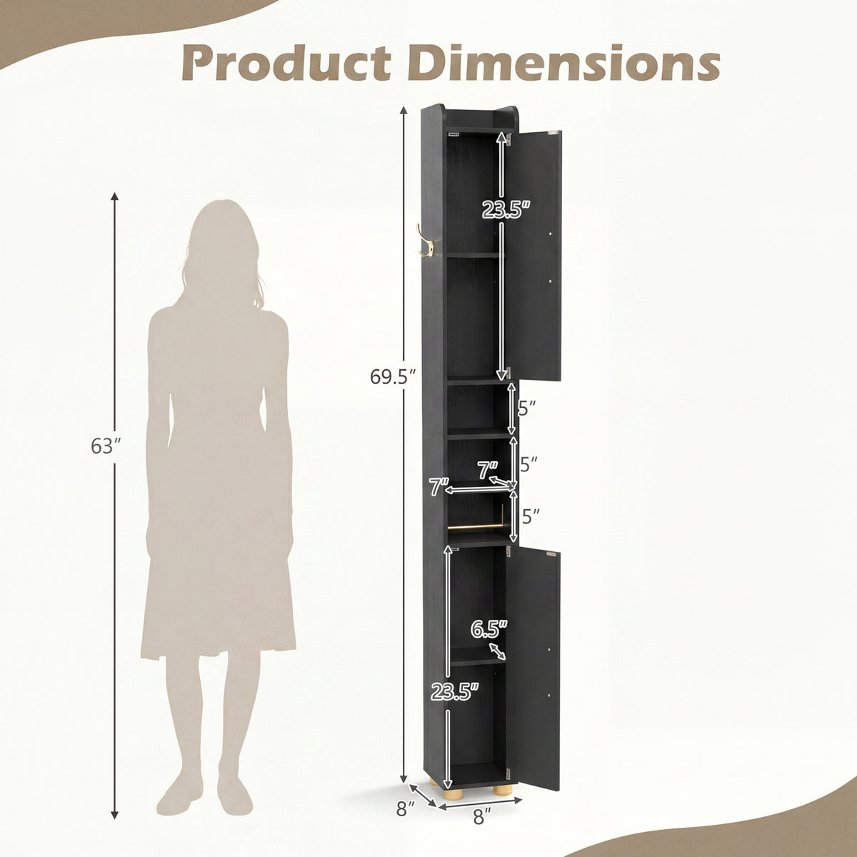 Narrow Bathroom Storage Cabinet - Black 70" Slim Tall Floor Shelf-Floor Cabinets-DECOROLALA