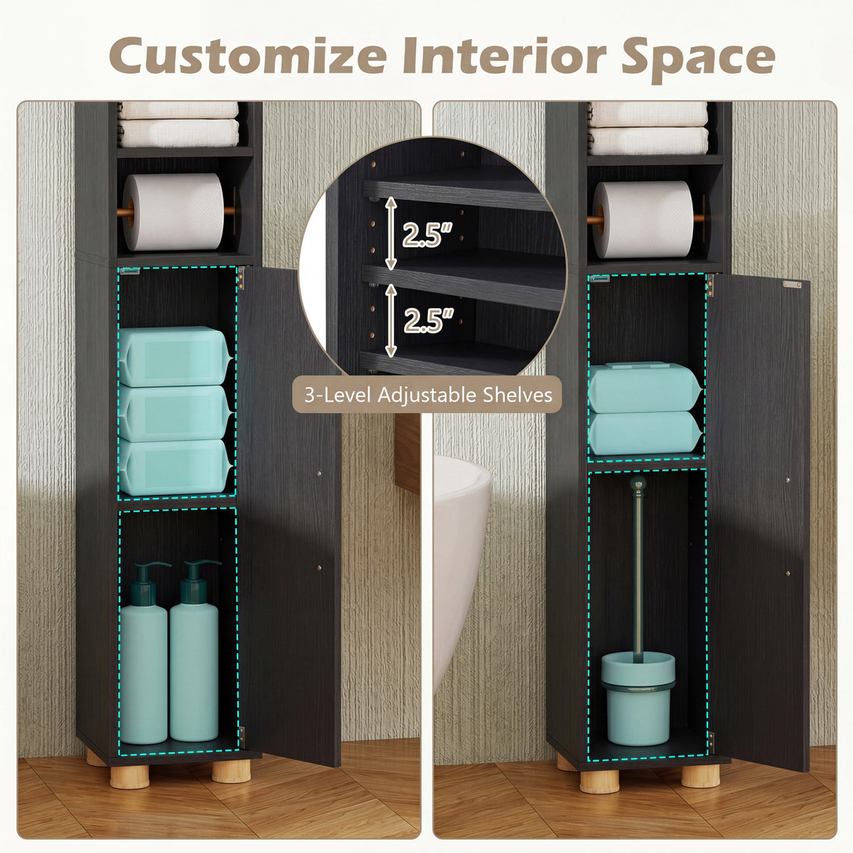 Narrow Bathroom Storage Cabinet - Black 70" Slim Tall Floor Shelf-Floor Cabinets-DECOROLALA