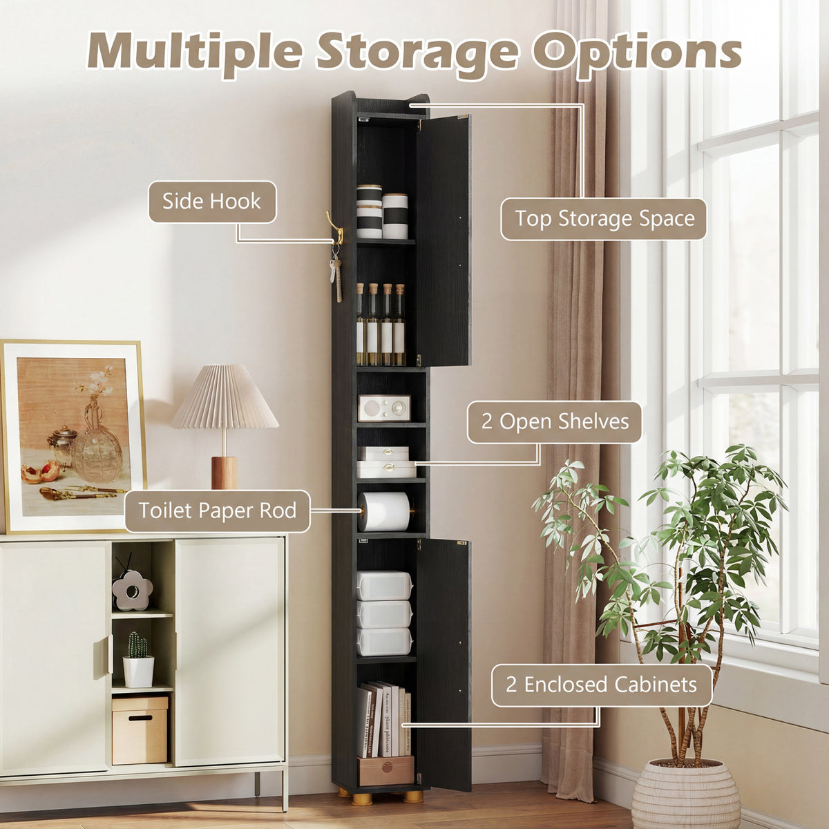 Narrow Bathroom Storage Cabinet - Black 70" Slim Tall Floor Shelf-Floor Cabinets-DECOROLALA