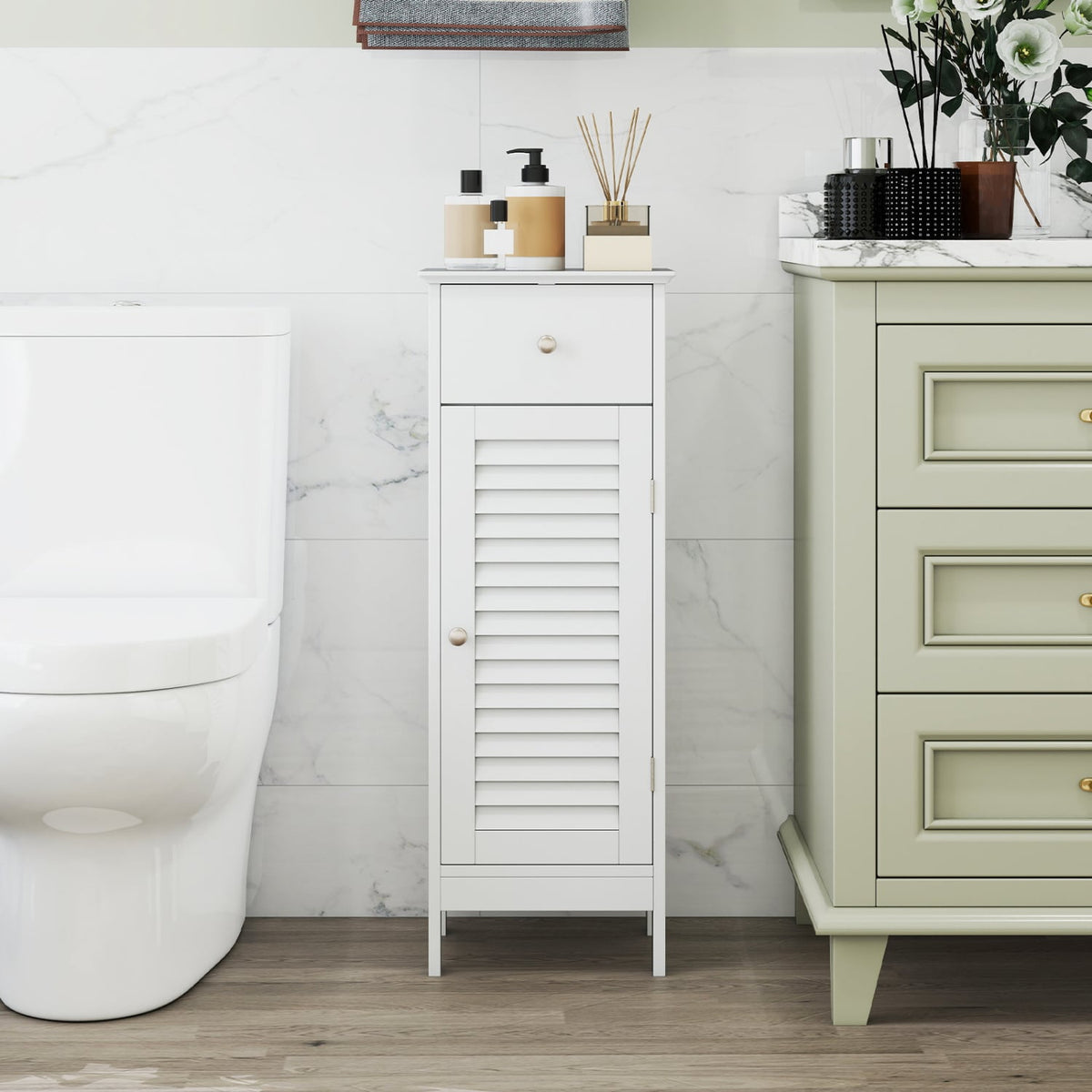 Narrow Bathroom Storage Cabinet - White 13" Slim Floor Organizer-Floor Cabinets-DECOROLALA