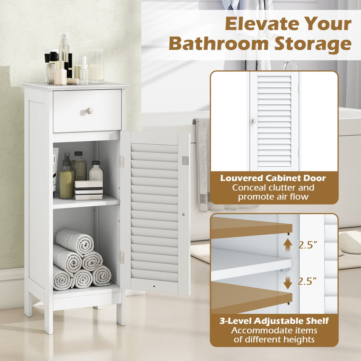 Narrow Bathroom Storage Cabinet - White 13" Slim Floor Organizer-Floor Cabinets-DECOROLALA