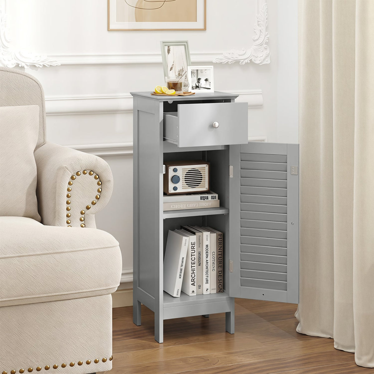 Narrow Bathroom Storage Cabinet with Drawer - Gray 34.5"H-Bathroom Floor Cabinets-DECOROLALA