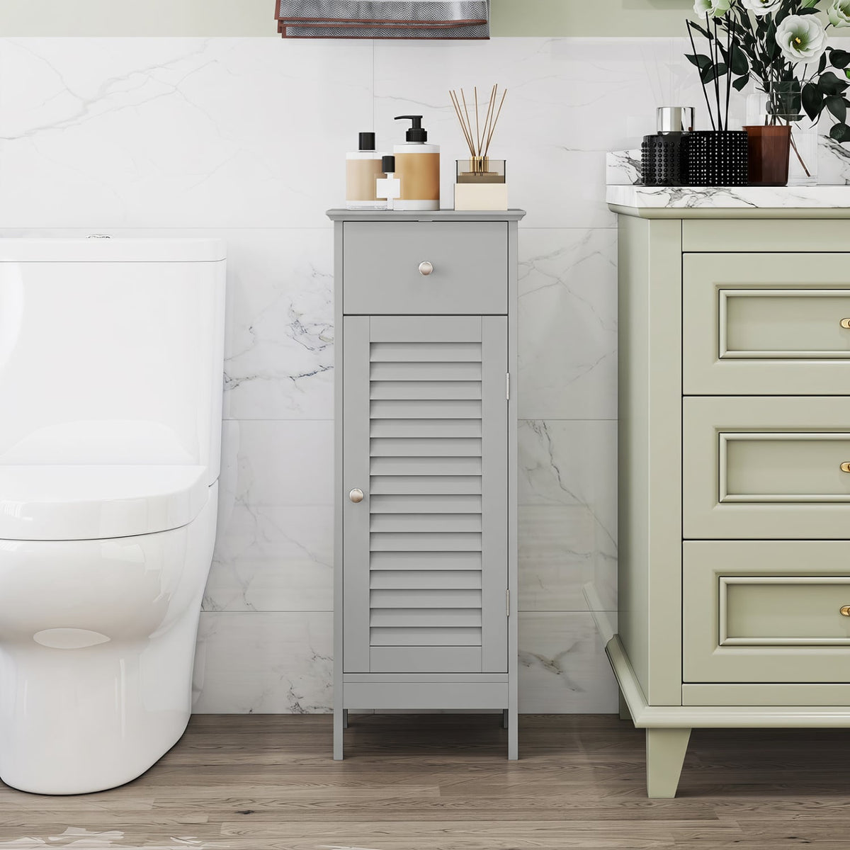 Narrow Bathroom Storage Cabinet with Drawer - Gray 34.5"H-Floor Cabinets-DECOROLALA
