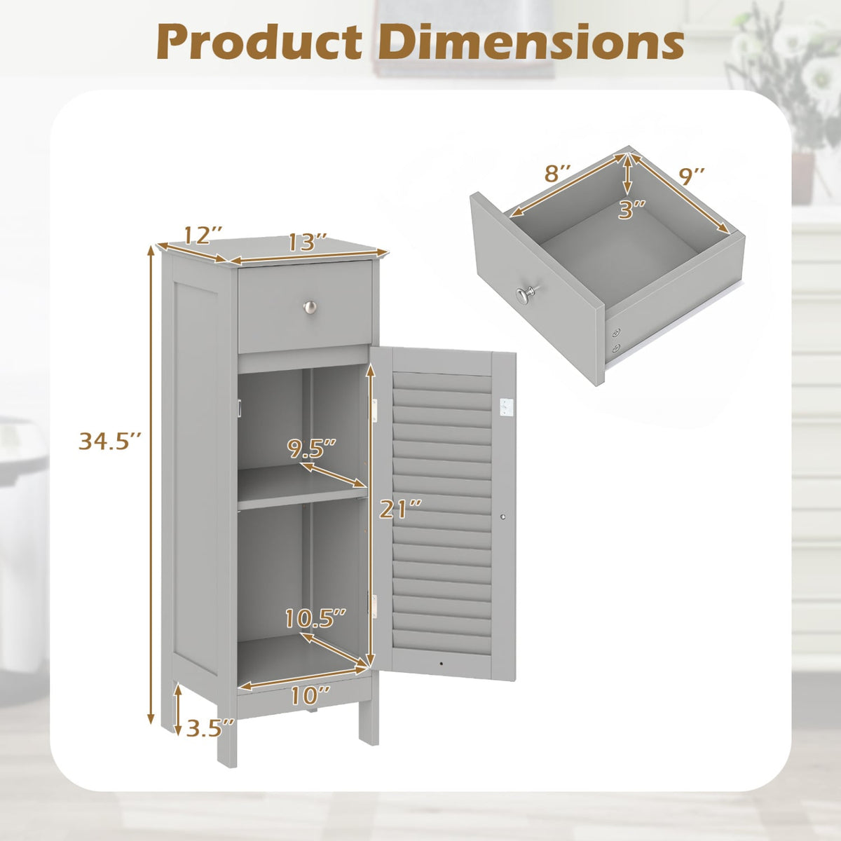 Narrow Bathroom Storage Cabinet with Drawer - Gray 34.5"H-Floor Cabinets-DECOROLALA