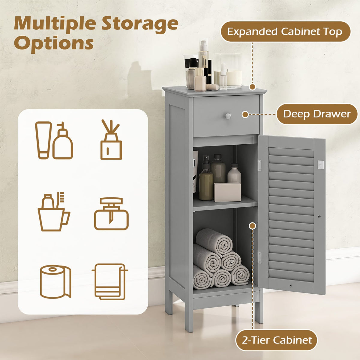 Narrow Bathroom Storage Cabinet with Drawer - Gray 34.5"H-Floor Cabinets-DECOROLALA