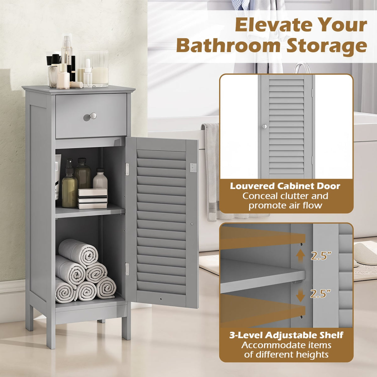 Narrow Bathroom Storage Cabinet with Drawer - Gray 34.5"H-Floor Cabinets-DECOROLALA
