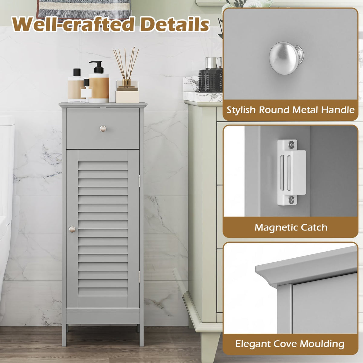 Narrow Bathroom Storage Cabinet with Drawer - Gray 34.5"H-Floor Cabinets-DECOROLALA