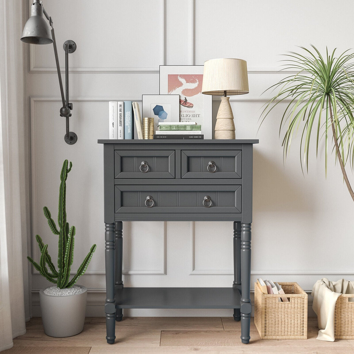 Narrow Console Table with 3 Storage Drawers and Open Bottom Shelf-Console Tables-DECOROLALA