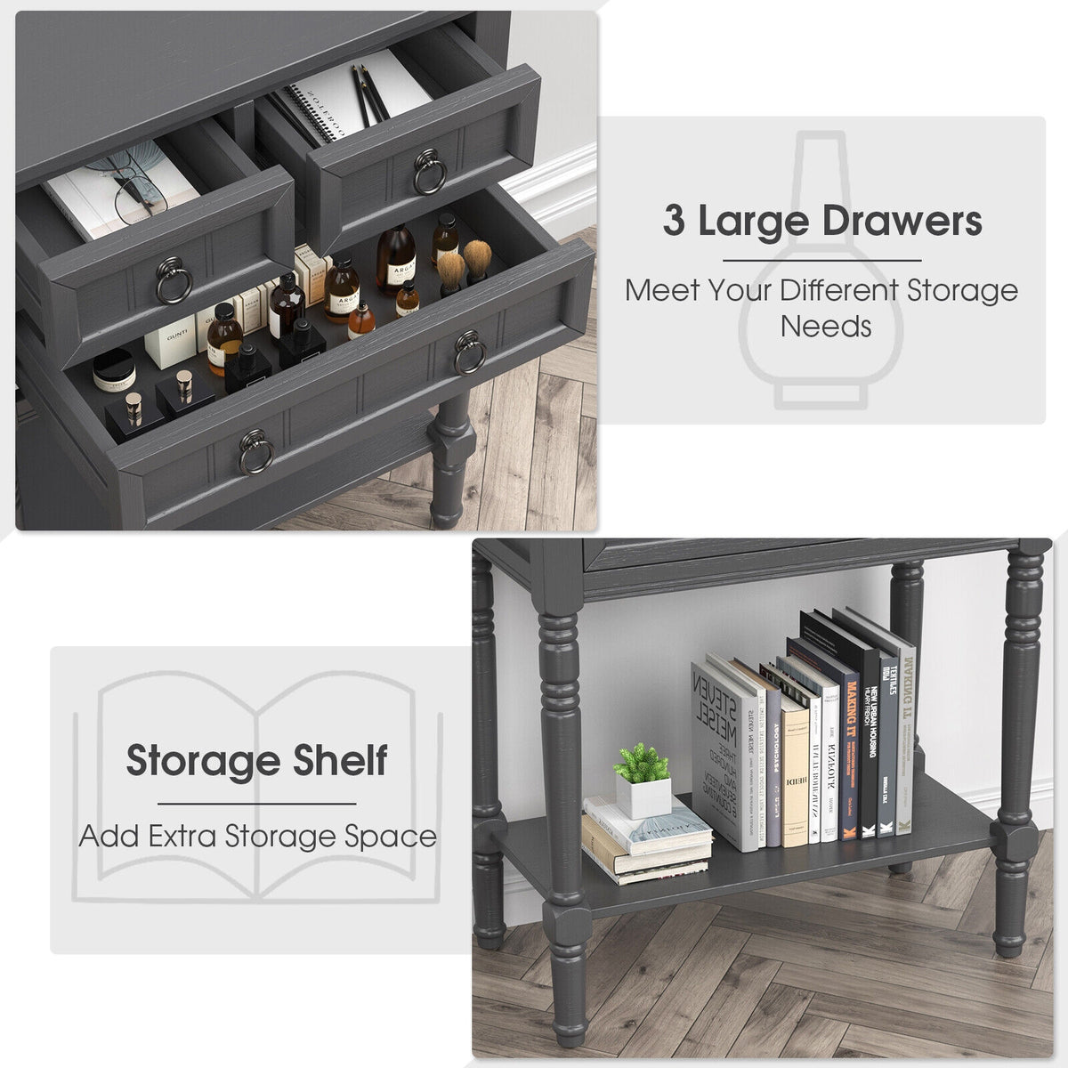 Narrow Console Table with 3 Storage Drawers and Open Bottom Shelf-Console Tables-DECOROLALA