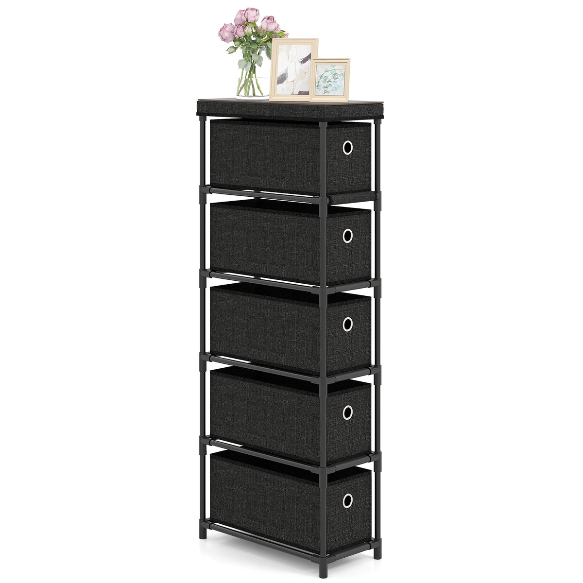 Narrow Dresser 5 Drawers Slim Storage Tower - Black (min order qty 2)-Dressers & Chests-DECOROLALA