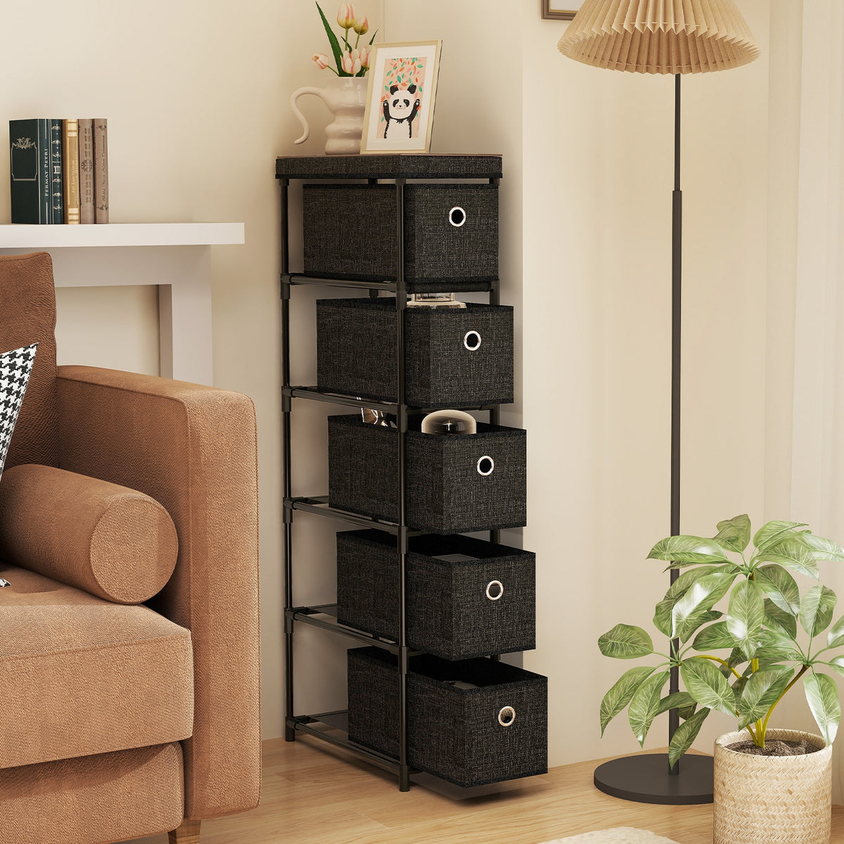 Narrow Dresser 5 Drawers Slim Storage Tower - Black (min order qty 2)-Dressers & Chests-DECOROLALA
