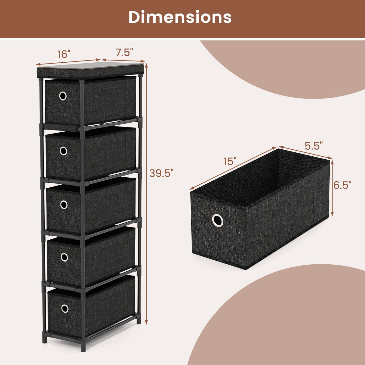 Narrow Dresser 5 Drawers Slim Storage Tower - Black (min order qty 2)-Dressers & Chests-DECOROLALA