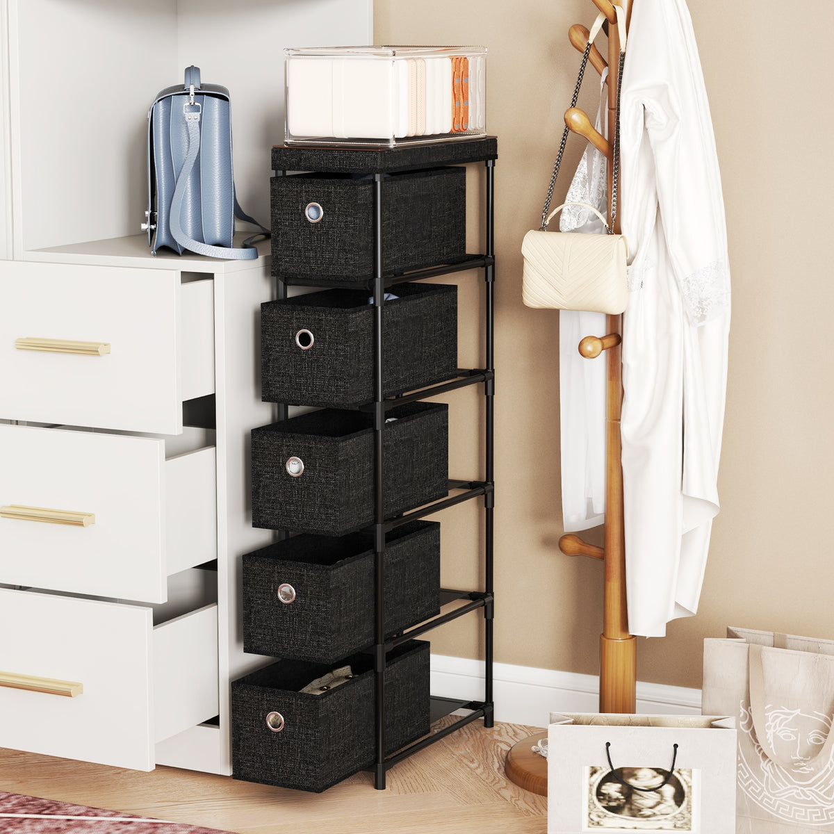 Narrow Dresser 5 Drawers Slim Storage Tower - Black (min order qty 2)-Dressers & Chests-DECOROLALA
