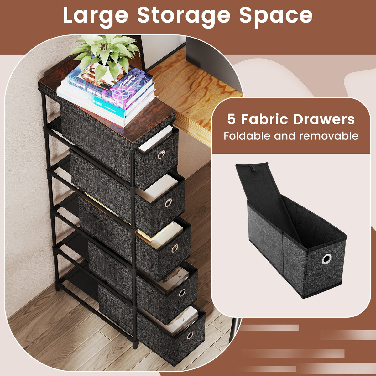Narrow Dresser 5 Drawers Slim Storage Tower - Black (min order qty 2)-Dressers & Chests-DECOROLALA