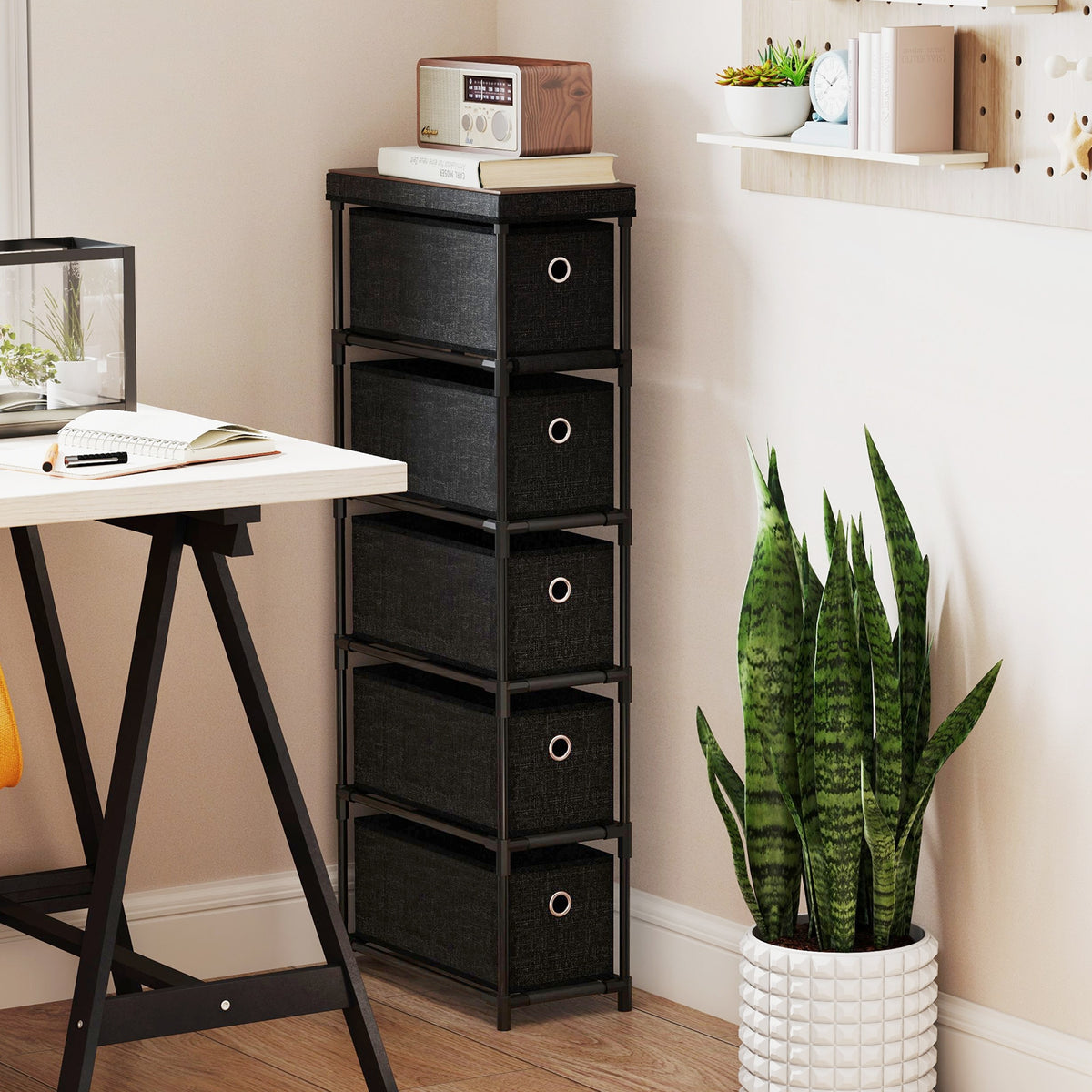 Narrow Dresser 5 Drawers Slim Storage Tower - Black (min order qty 2)-Dressers & Chests-DECOROLALA