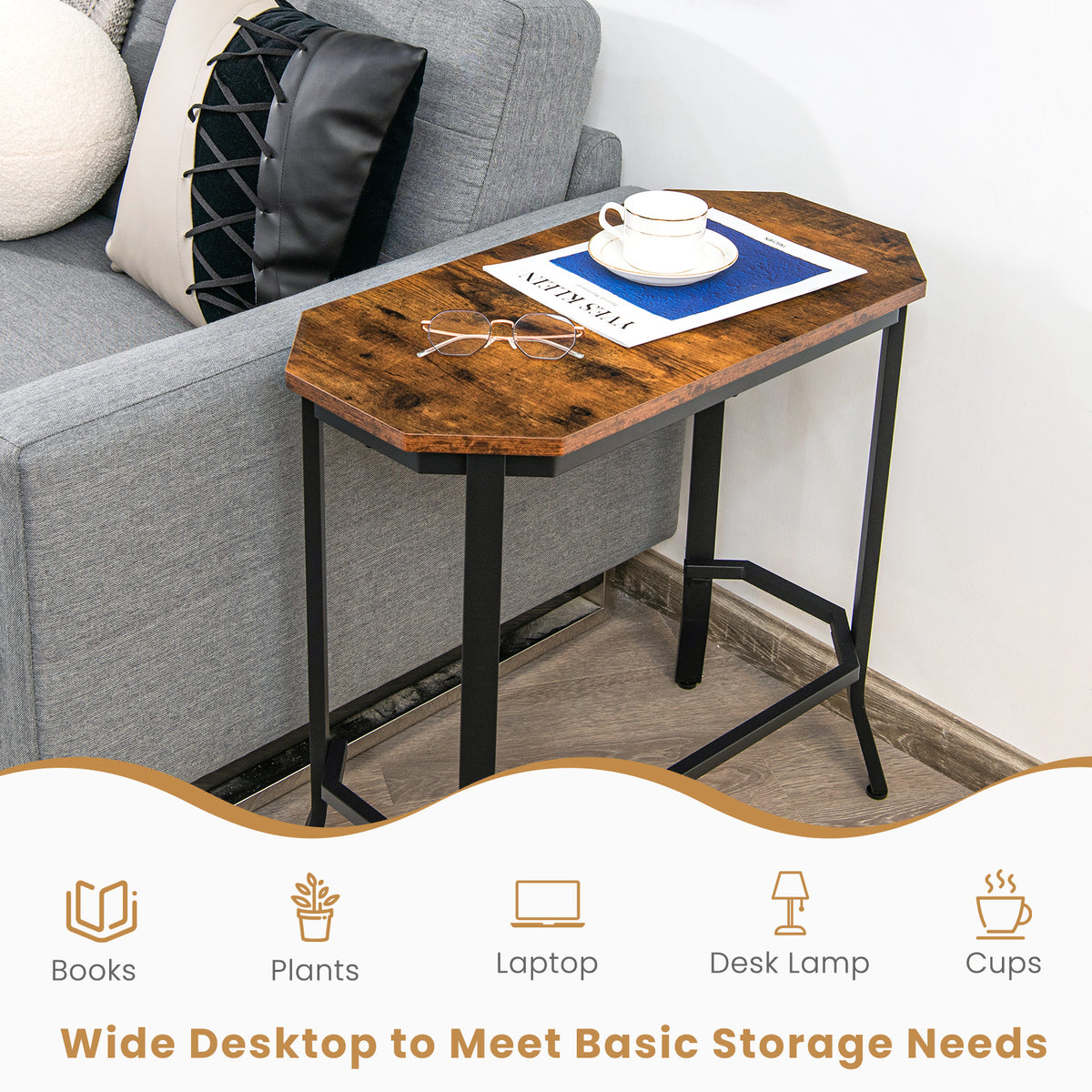 Narrow End Side Sofa Table with Rustic Tabletop-Rustic Brown-End & Side Tables-DECOROLALA