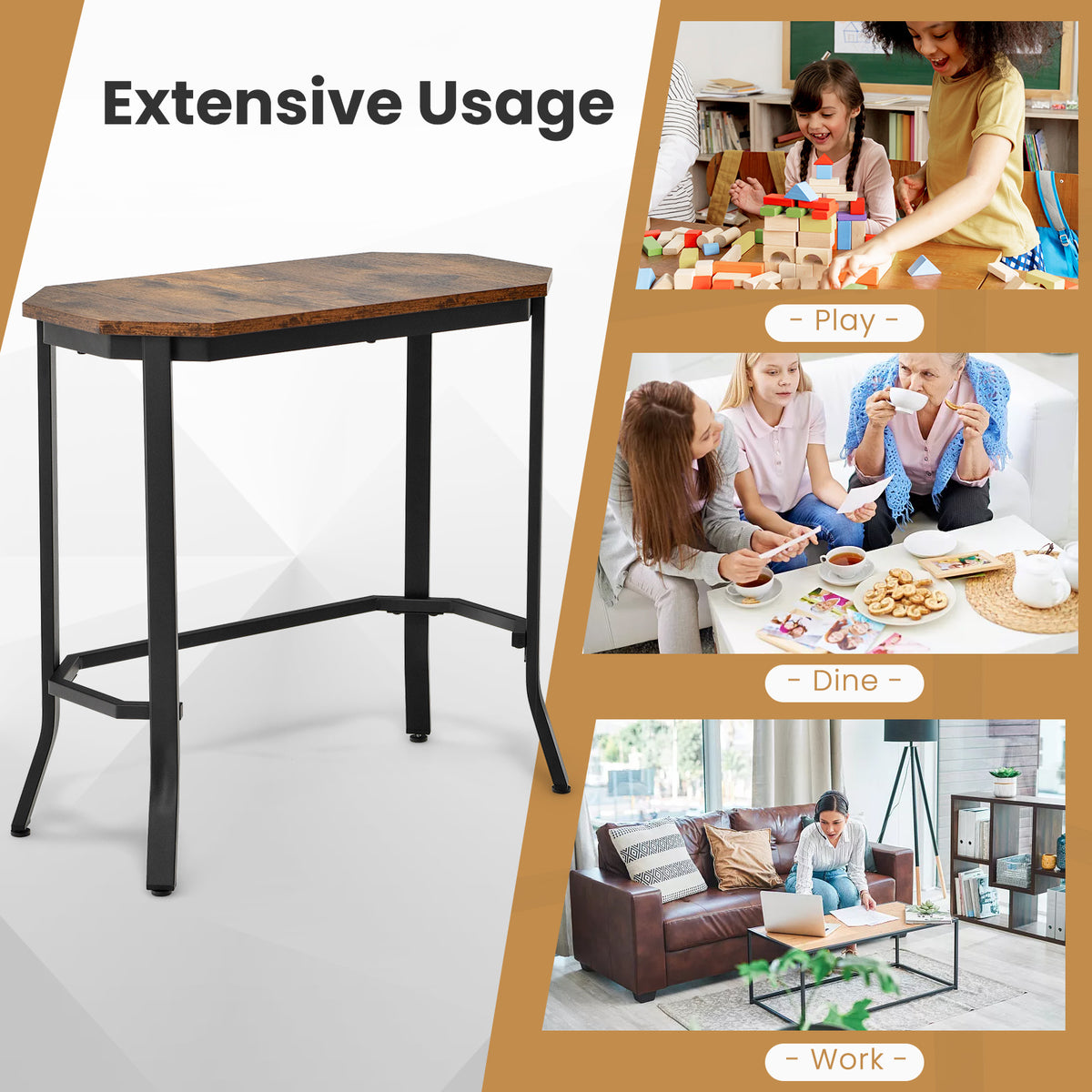 Narrow End Side Sofa Table with Rustic Tabletop-Rustic Brown-End & Side Tables-DECOROLALA