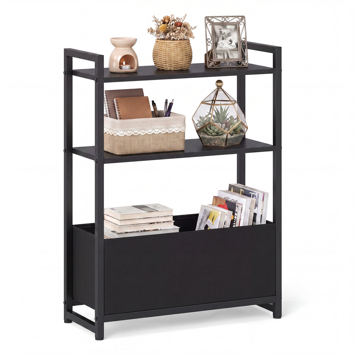 Narrow End Table with Storage Shelves and Metal Frame-Black-End & Side Tables-DECOROLALA