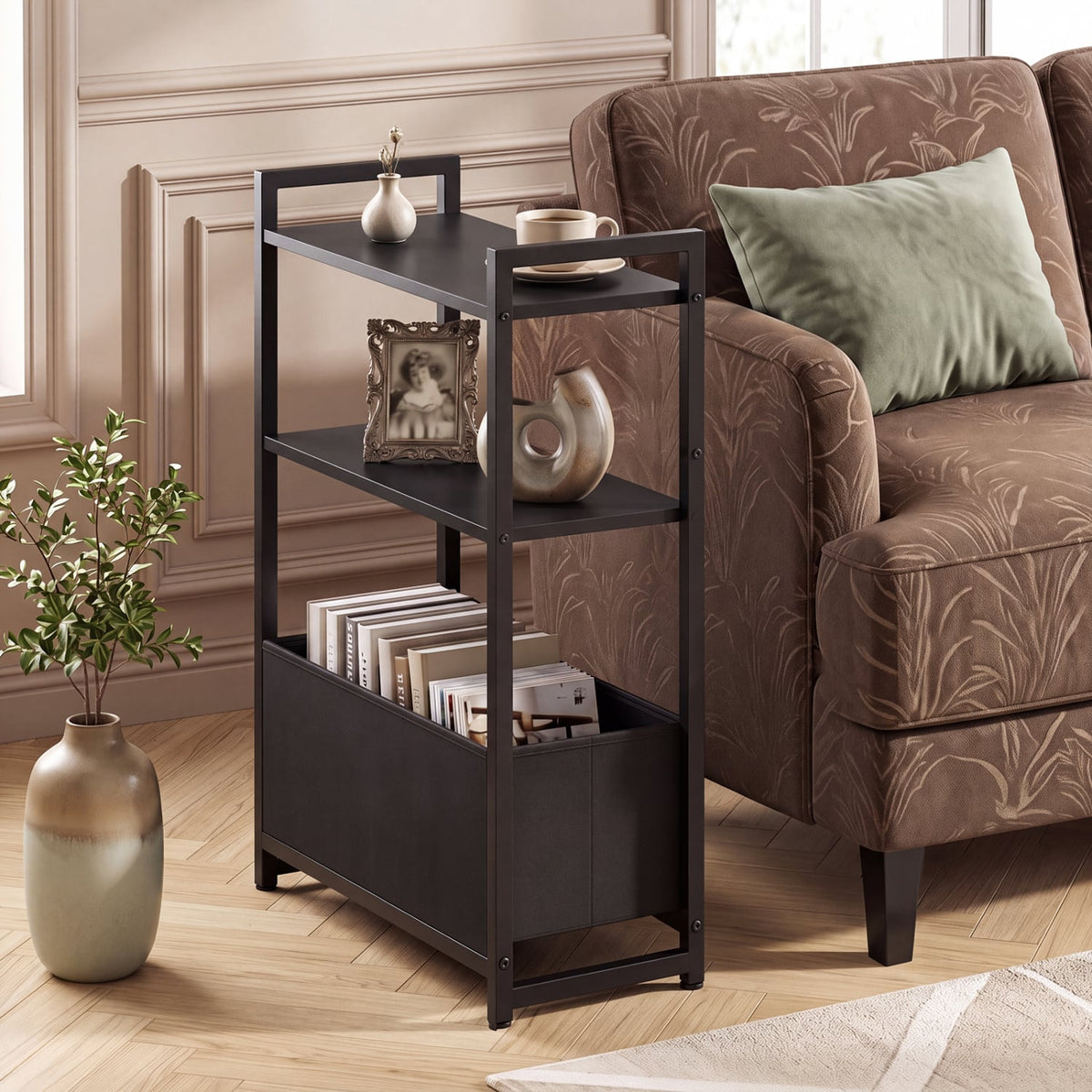 Narrow End Table with Storage Shelves and Metal Frame-Black-End & Side Tables-DECOROLALA