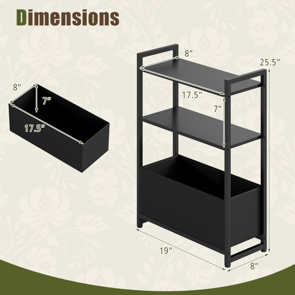 Narrow End Table with Storage Shelves and Metal Frame-Black-End & Side Tables-DECOROLALA