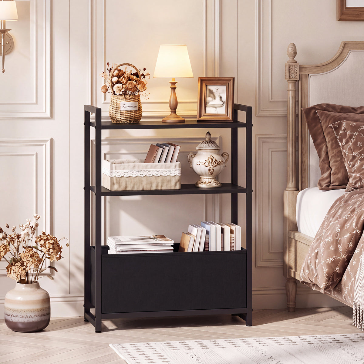 Narrow End Table with Storage Shelves and Metal Frame-Black-End & Side Tables-DECOROLALA